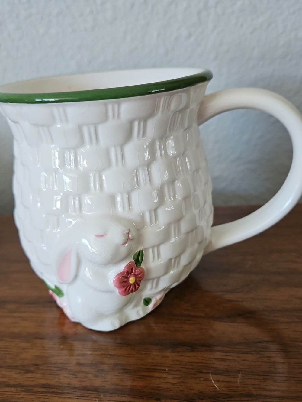 Avon Vintage Bunny Mug, White with Green & Pink